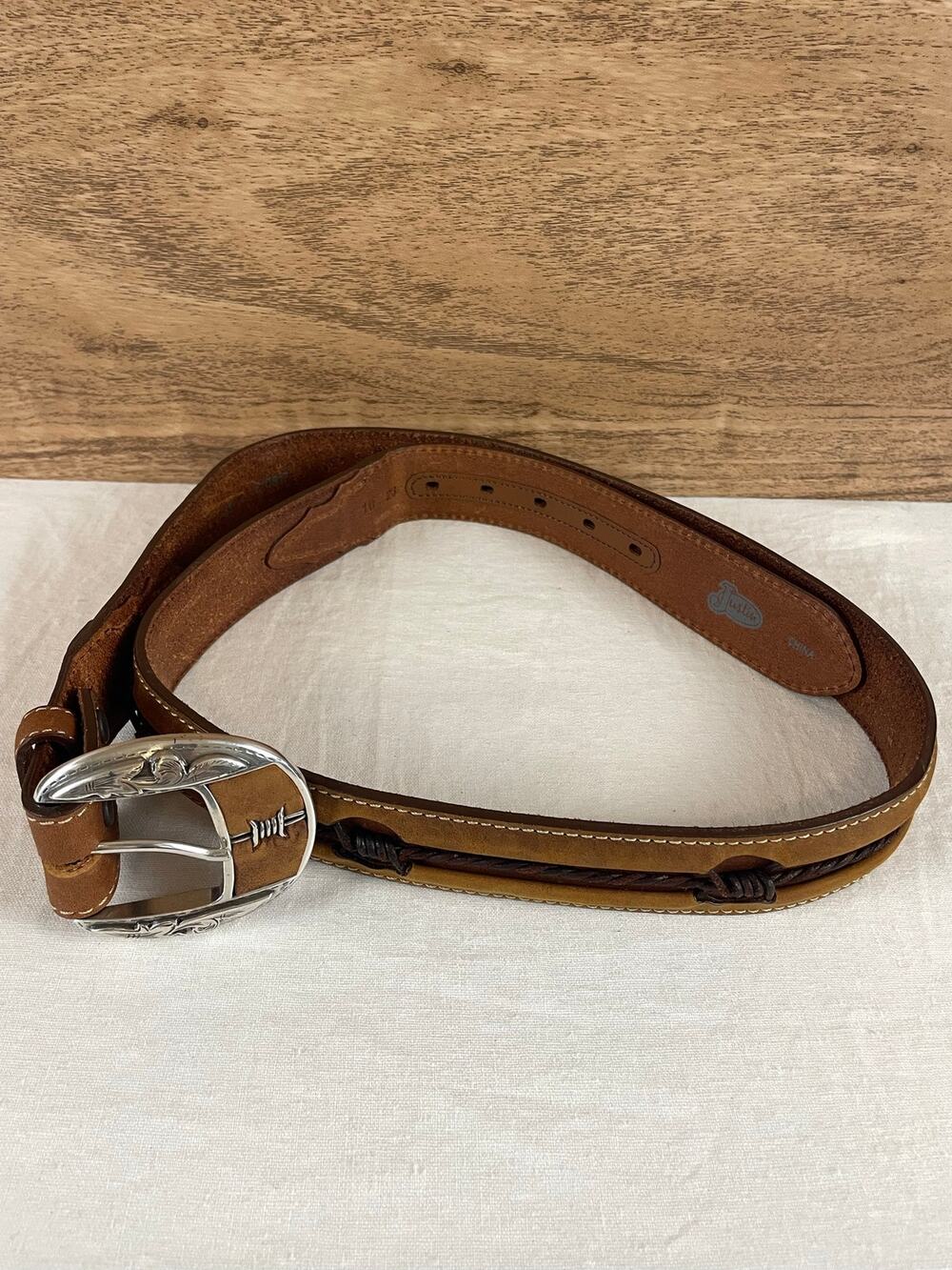 Justin Brown Leather Western Belt Barbed Wire Buckle Size 42